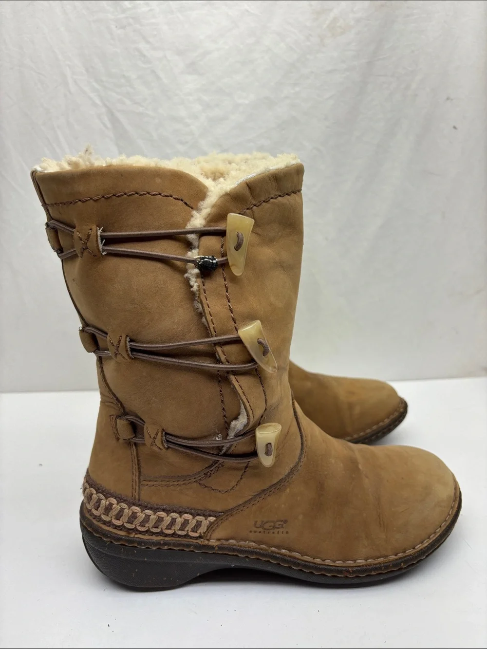UGG leather Chestnut Suede Shearling-Lined Mid Calf Boots, Sz 7, box 34